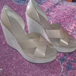 Tan Leather & Suede Wedge Sandals